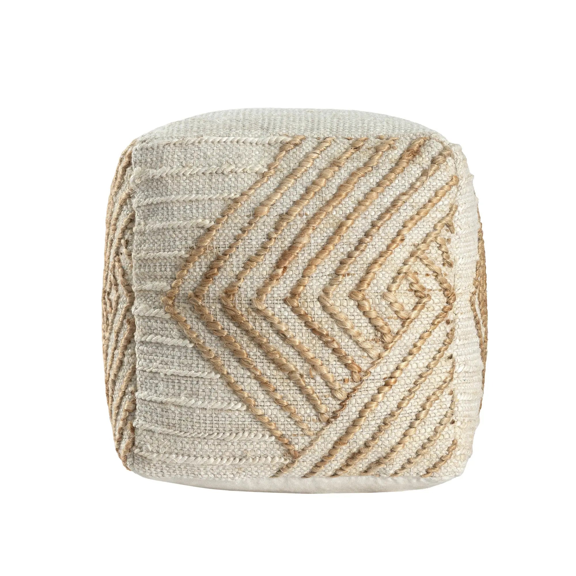 18" Natural and Off White Cotton Jute And Wool Geometric Cube Pouf Ottoman Homeroots Living Room